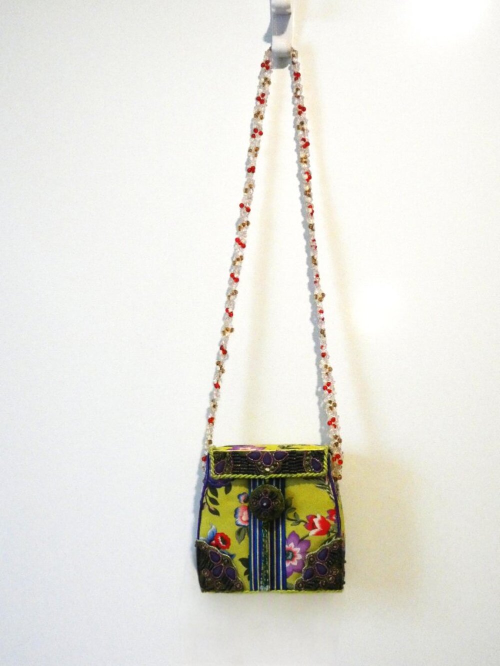 MARY FRANCES Vibrant Yellow Floral Satin Beaded Box Purse w/Bead Crossbody Strap
